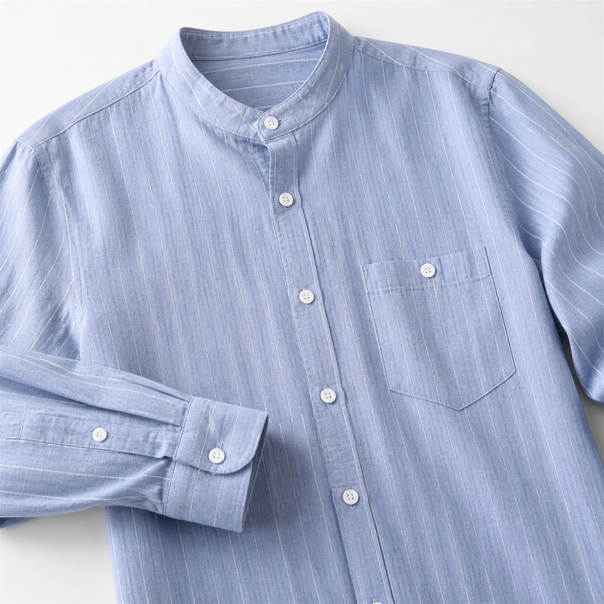 Men's Relaxed Striped Band-Collar Long-Sleeve Button-Front Shirt - Detail of