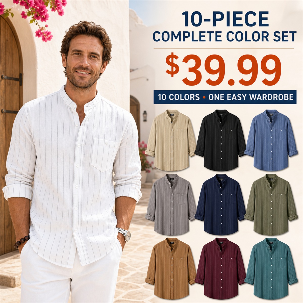 Men's Relaxed Striped Band-Collar Long-Sleeve Button-Front Shirt - 10-Piece Complete Color Collection - $39.99