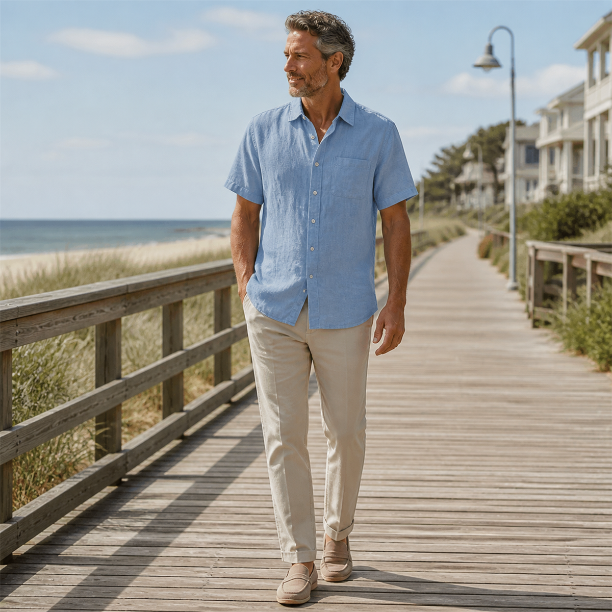 Men's Relaxed Linen-Look Short-Sleeve Button-Front Shirt - Worn in a relaxed everyday setting