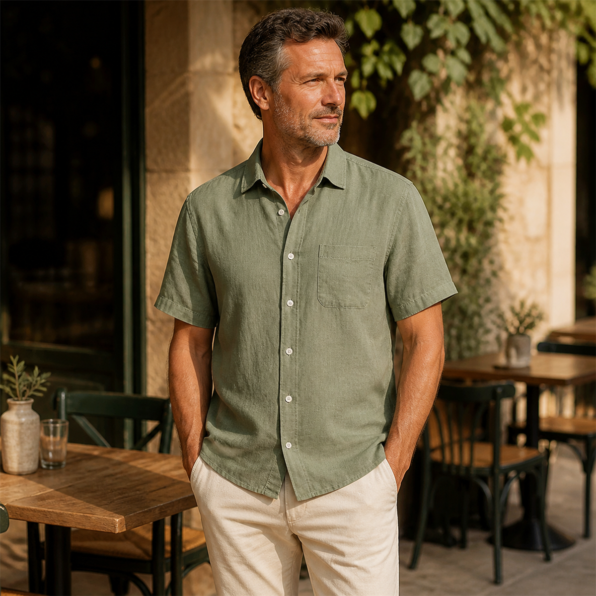 Men's Relaxed Linen-Look Short-Sleeve Button-Front Shirt - Worn during an easy weekend outing