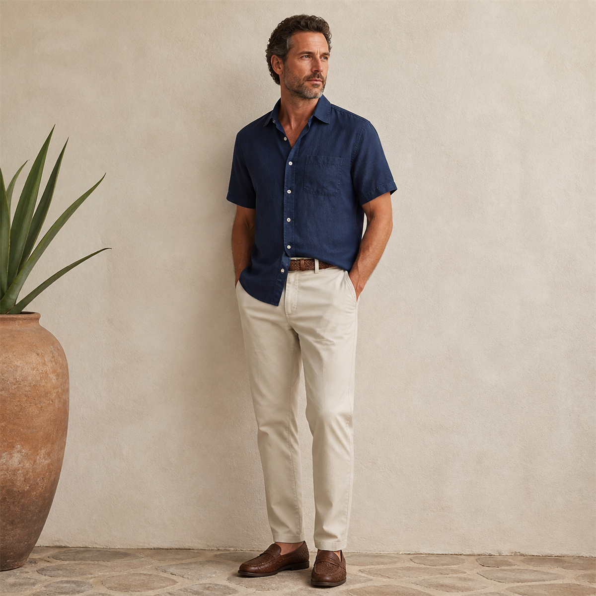 Men's Relaxed Linen-Look Short-Sleeve Button-Front Shirt - Styled with denim