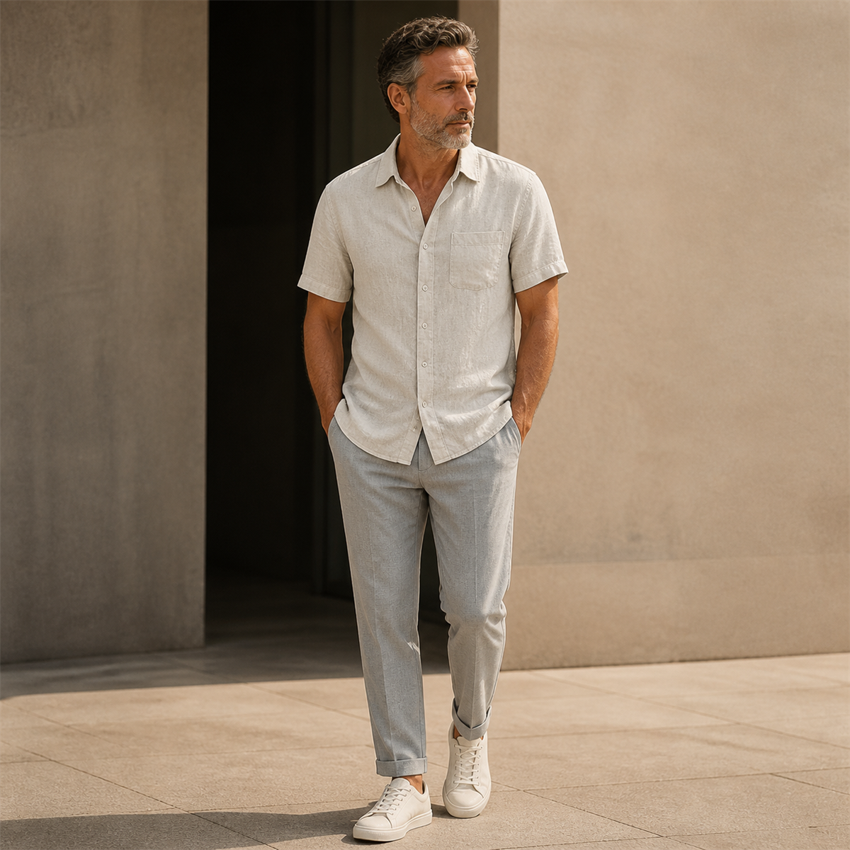Men's Relaxed Linen-Look Short-Sleeve Button-Front Shirt - Styled with tailored separates