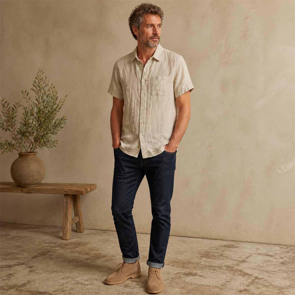 Men's Relaxed Linen-Look Short-Sleeve Button-Front Shirt - Styled for a relaxed weekend