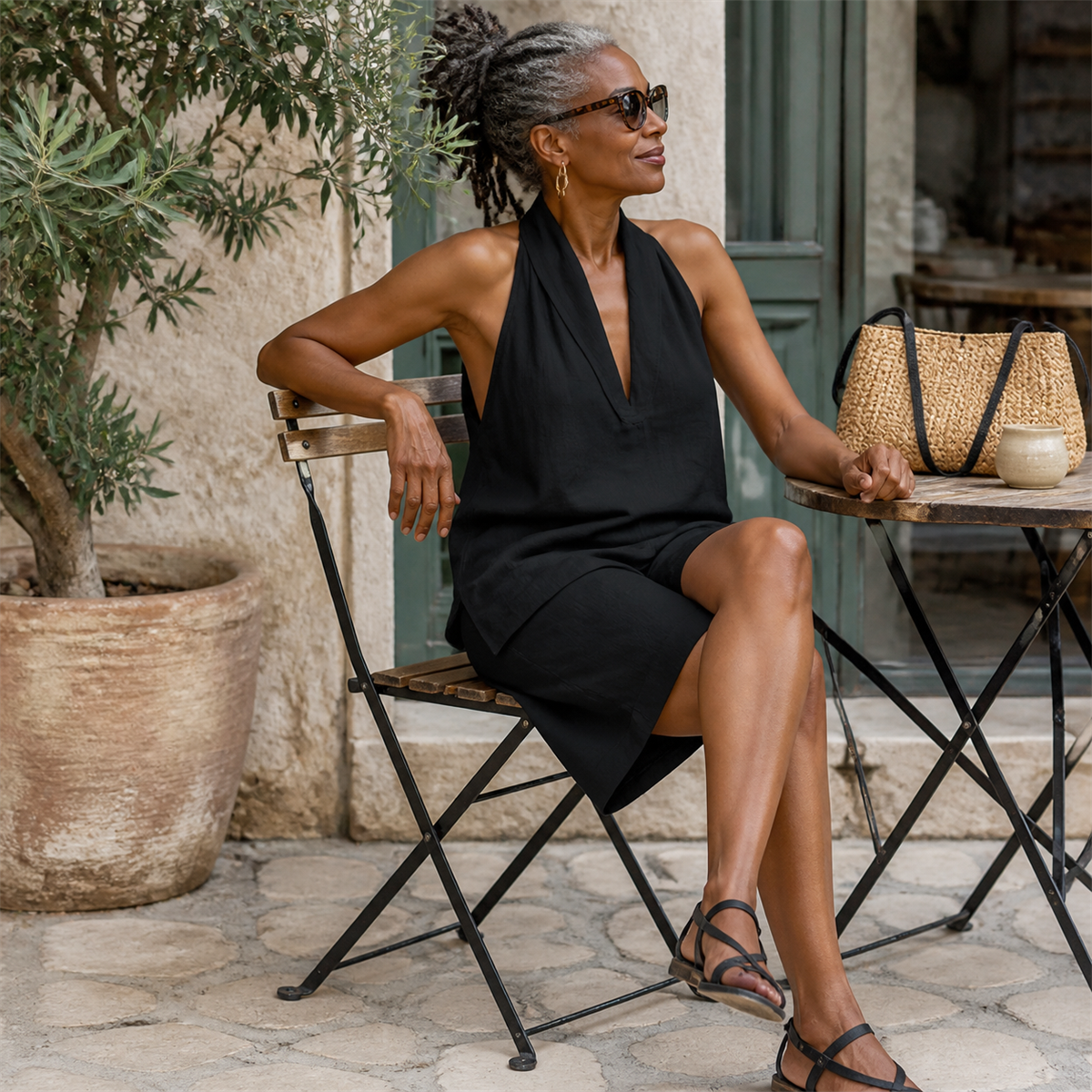 Women's Relaxed Halter-Neck Sleeveless Top and Knee-Length Shorts Set - Black two-piece set styled for an outdoor cafe