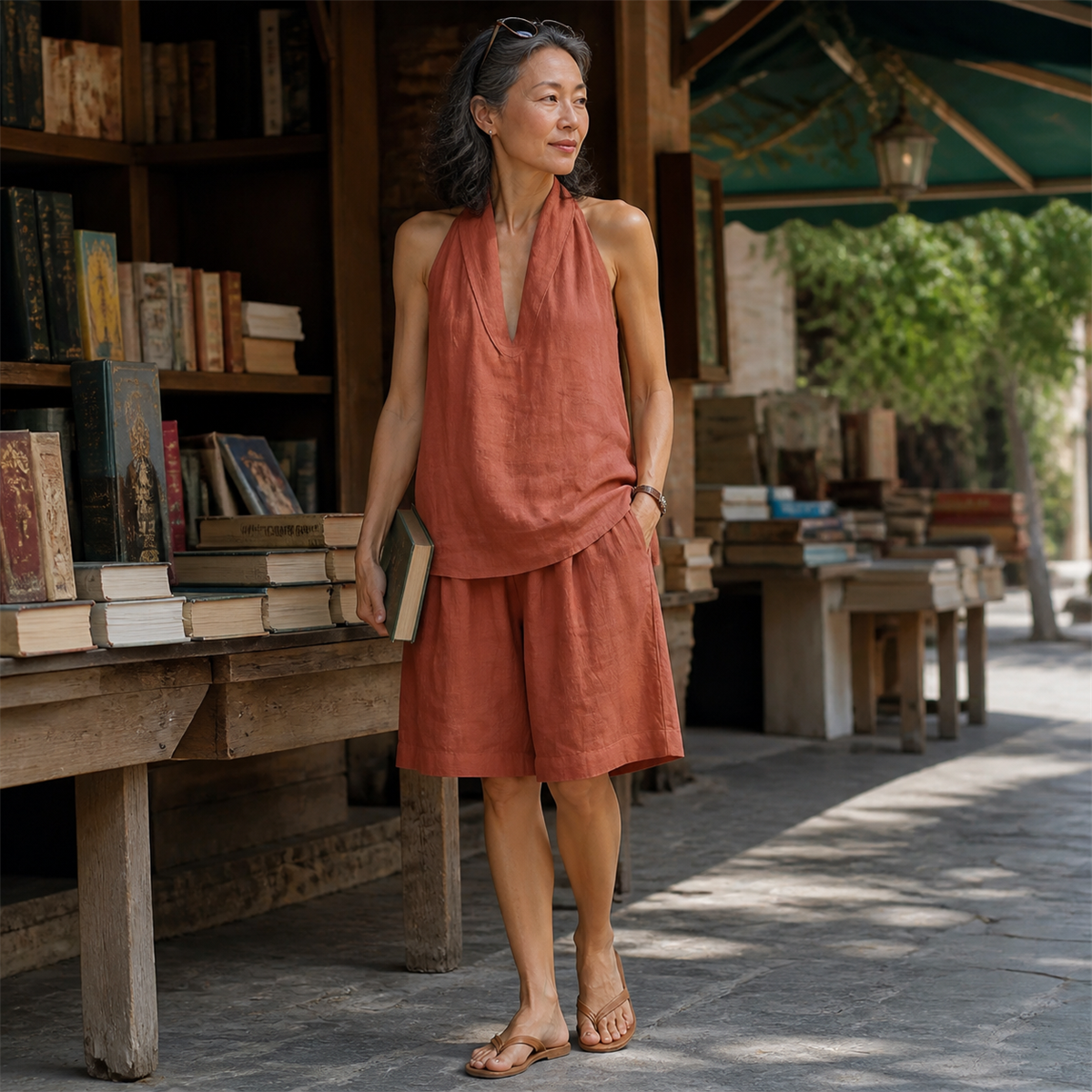 Women's Relaxed Halter-Neck Sleeveless Top and Knee-Length Shorts Set - Ivory two-piece set worn during a bright weekend outing