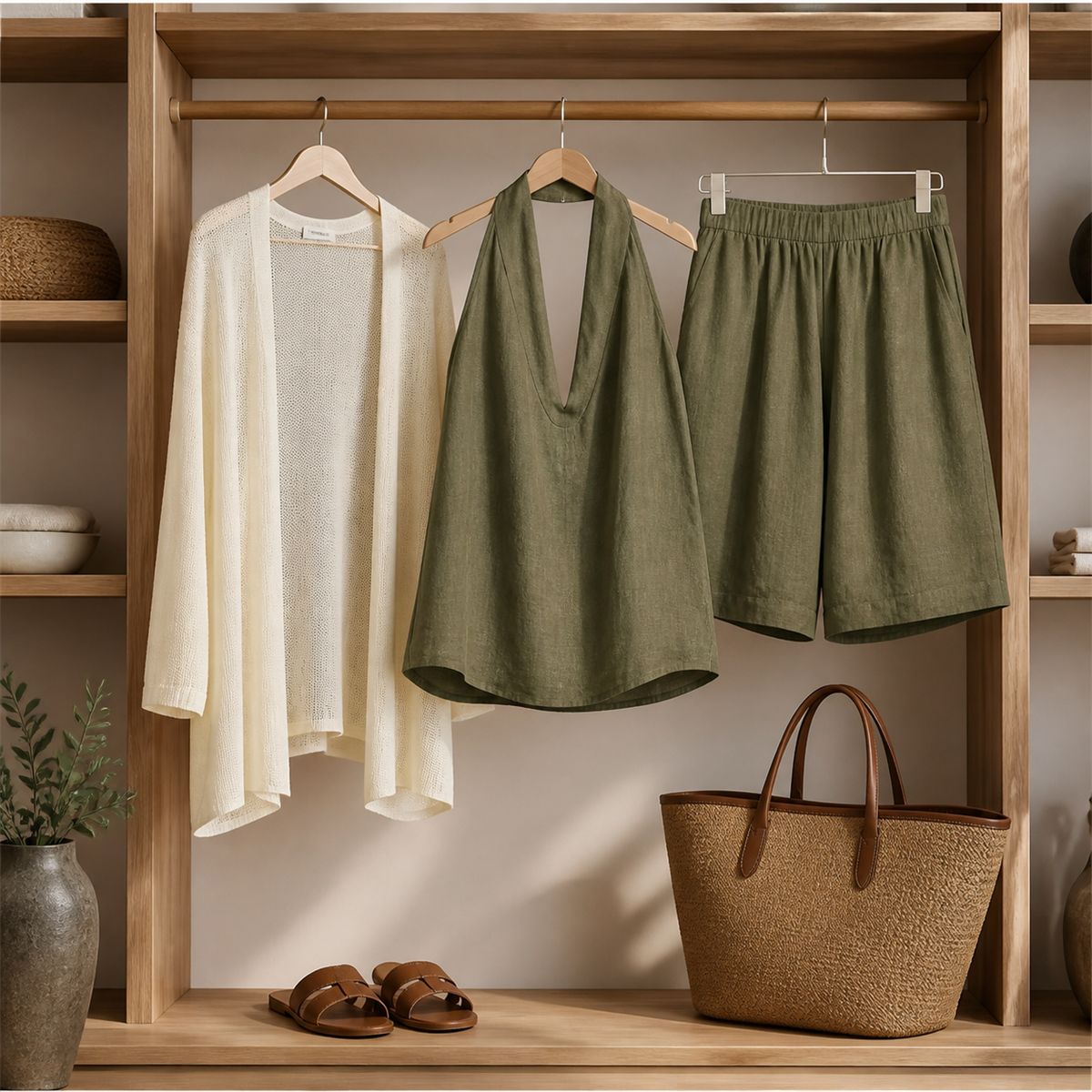 Women's Relaxed Halter-Neck Sleeveless Top and Knee-Length Shorts Set - Olive green set styled with a lightweight outer layer
