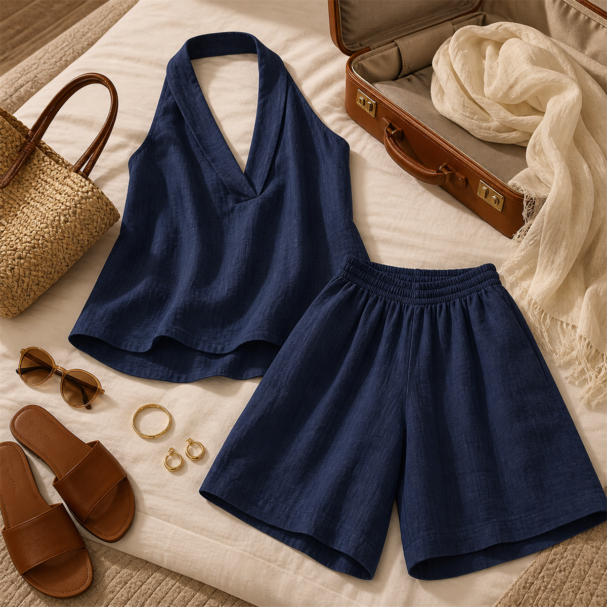 Women's Relaxed Halter-Neck Sleeveless Top and Knee-Length Shorts Set - Dusty rose set styled with simple jewelry for travel