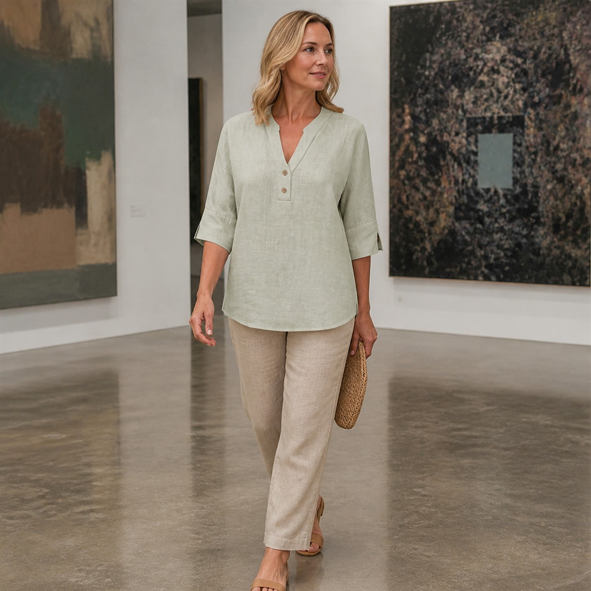 Women's Relaxed Notch-Neck Three-Quarter-Sleeve Blouse - Ivory blouse styled in a landscaped architectural courtyard