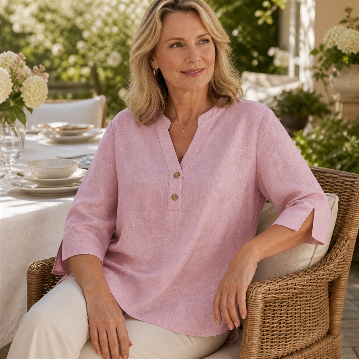 Women's Relaxed Notch-Neck Three-Quarter-Sleeve Blouse - Sage green blouse worn in a modern city library