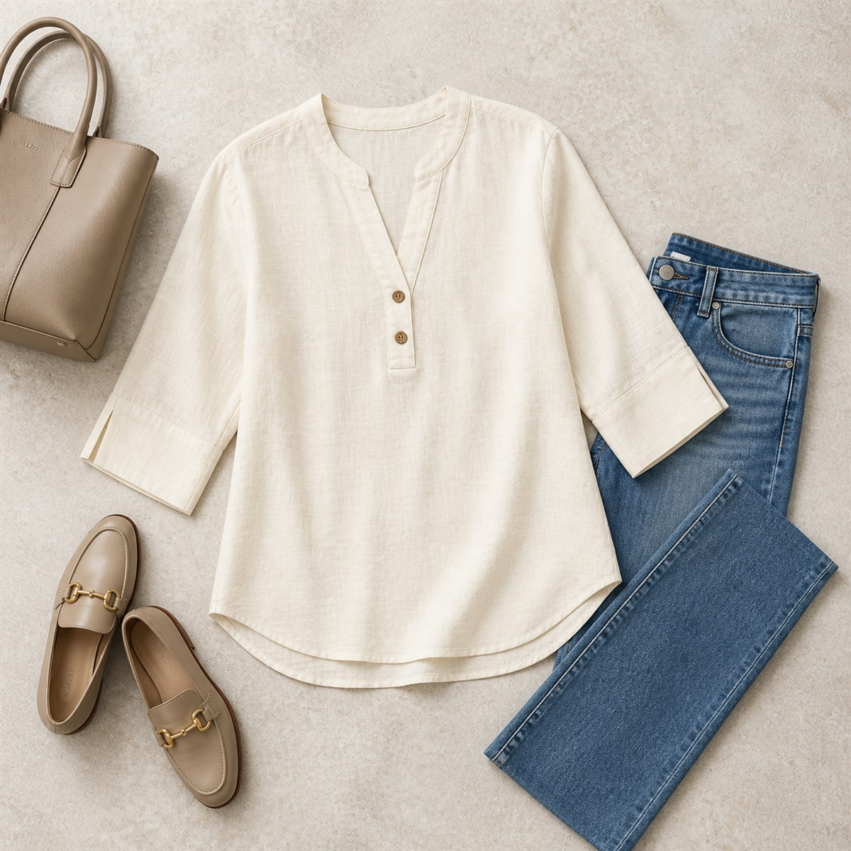 Women's Relaxed Notch-Neck Three-Quarter-Sleeve Blouse - Sky blue blouse styled with straight-leg denim