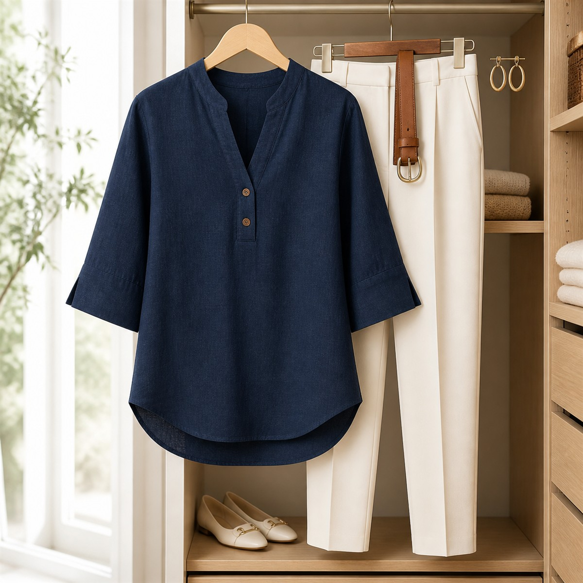 Women's Relaxed Notch-Neck Three-Quarter-Sleeve Blouse - Black blouse styled with tailored cream trousers