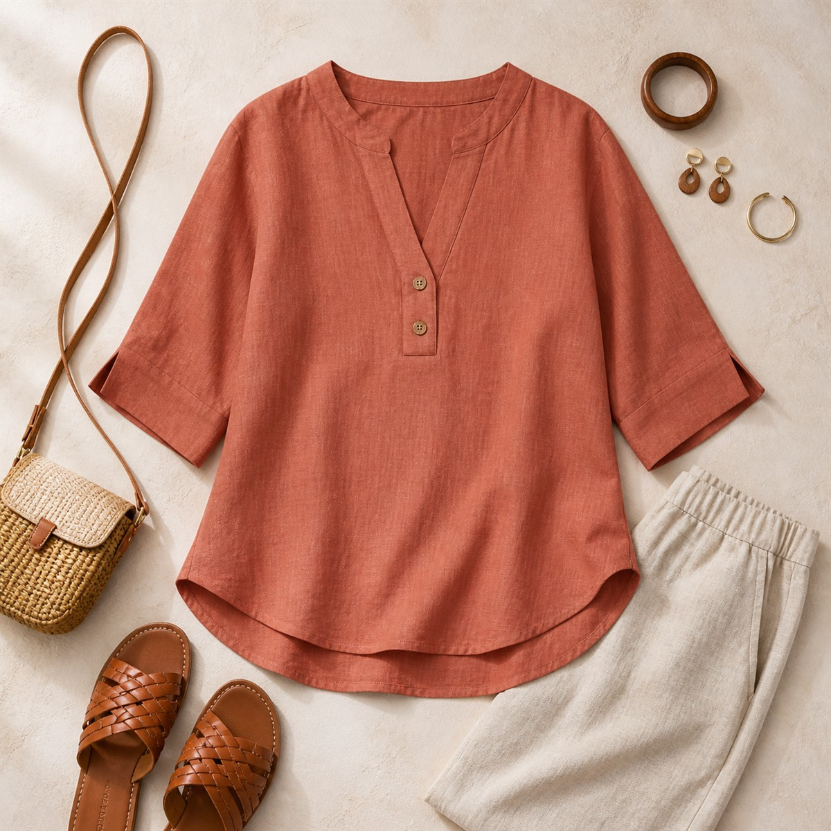 Women's Relaxed Notch-Neck Three-Quarter-Sleeve Blouse - Dusty rose blouse styled with a fluid midi skirt