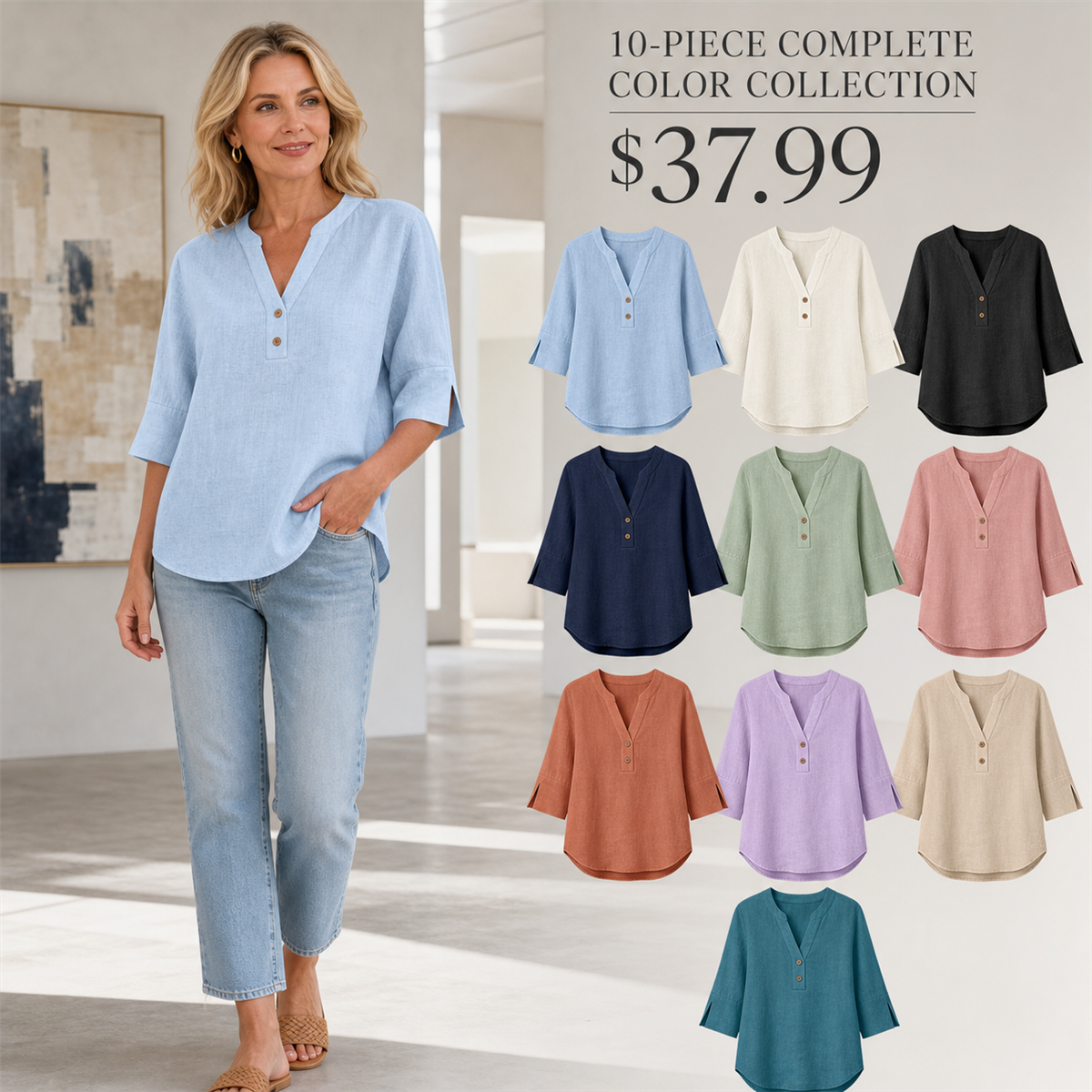 Women's Relaxed Notch-Neck Three-Quarter-Sleeve Blouse - 10-Piece Complete Color Collection - $37.99