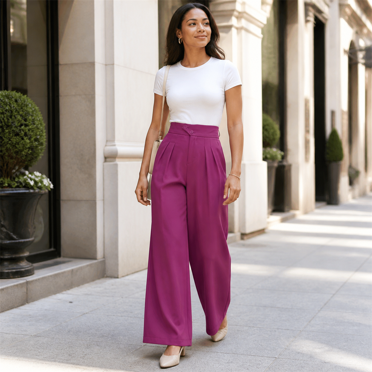Women's High-Waist Pleated Wide-Leg Trousers - Worn in a relaxed everyday setting