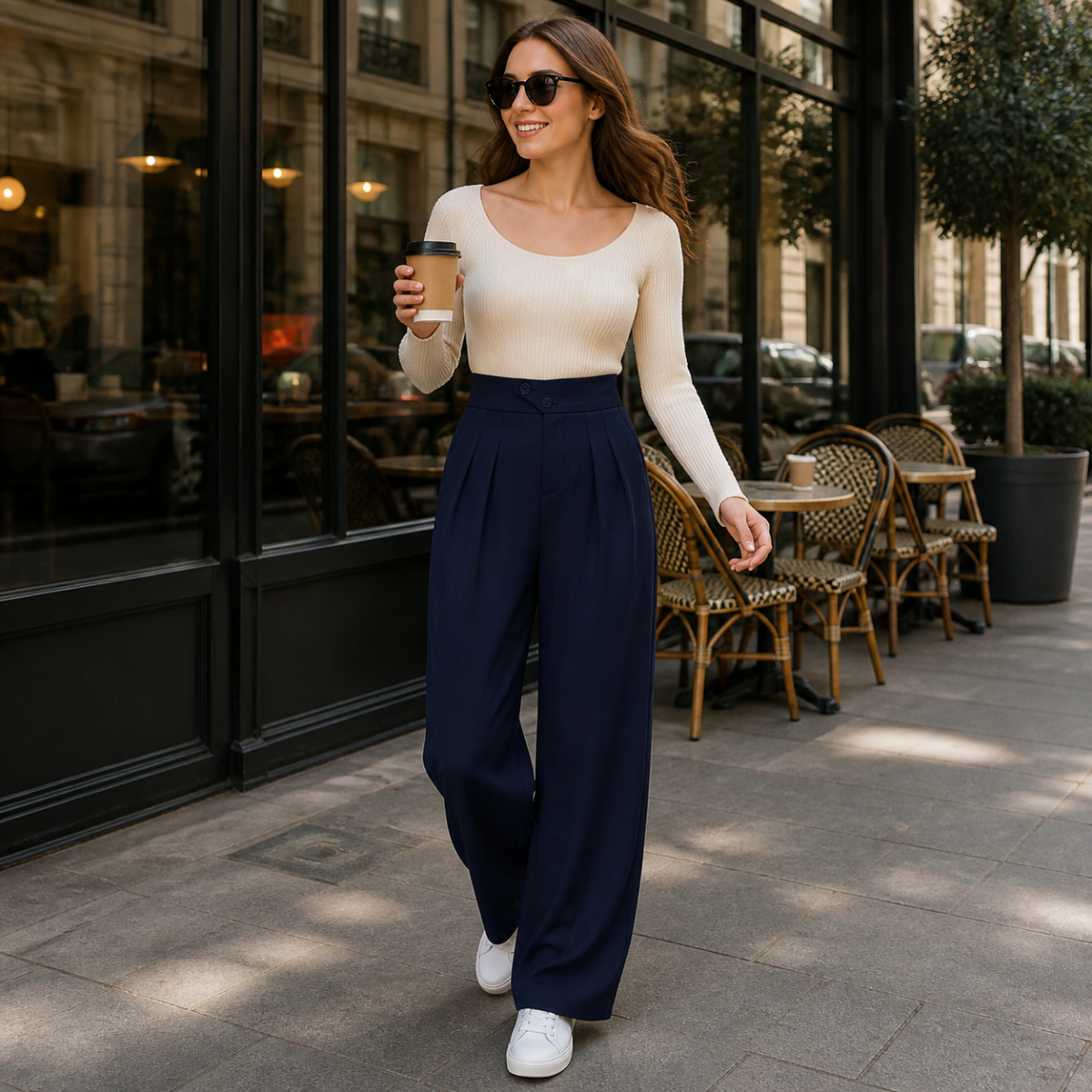 Women's High-Waist Pleated Wide-Leg Trousers - Worn during an easy weekend outing