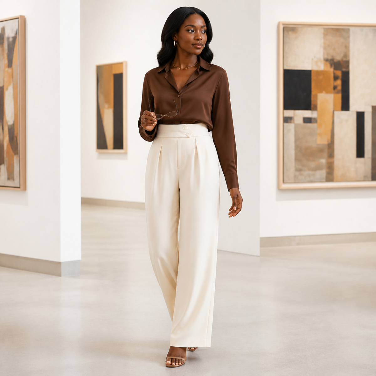 Women's High-Waist Pleated Wide-Leg Trousers - Worn in a bright casual setting
