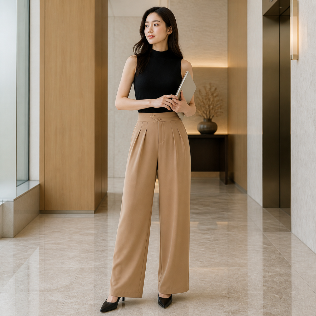 Women's High-Waist Pleated Wide-Leg Trousers - Styled with denim