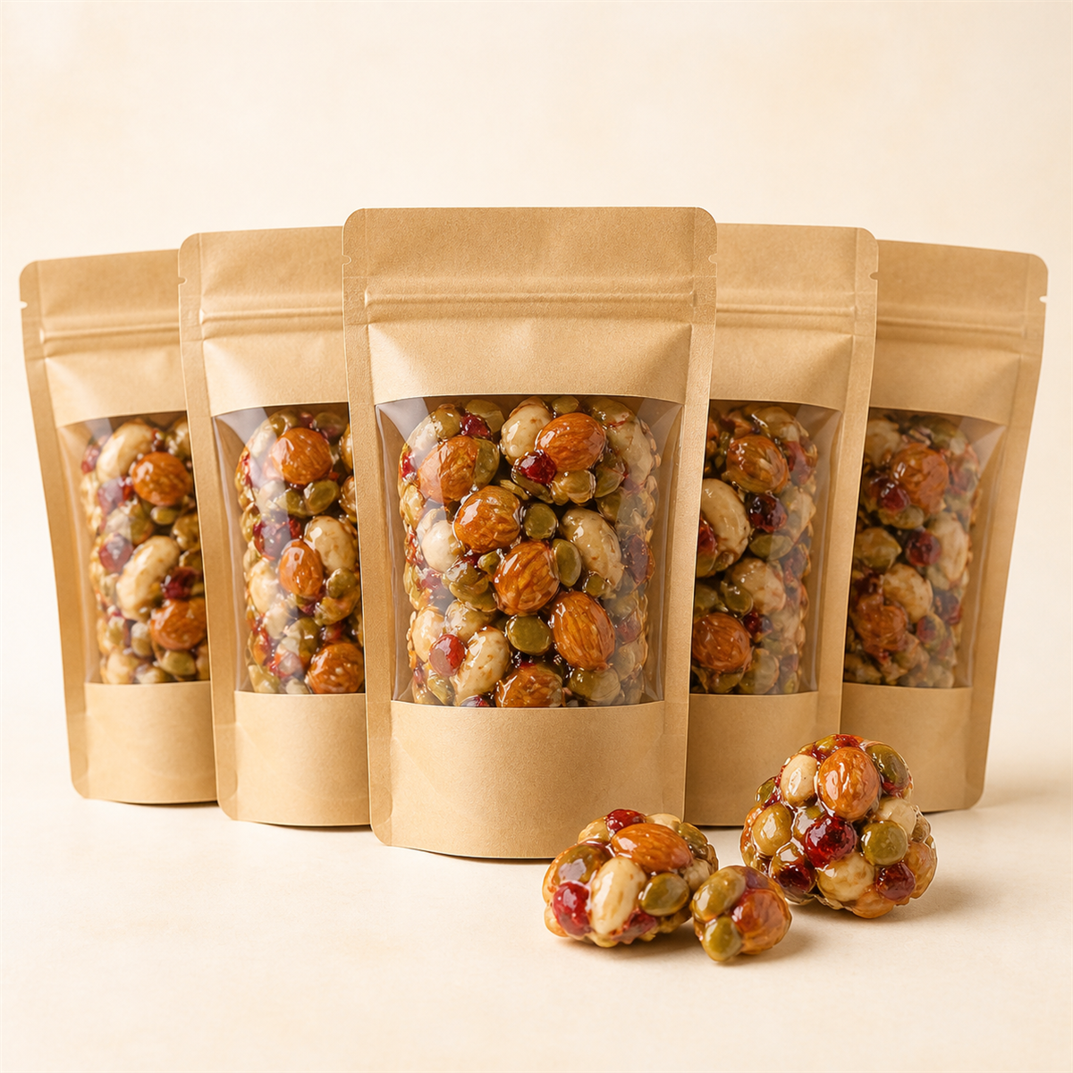 Fünf Beutel Mandel-Kürbiskern-Cranberry-Crunch