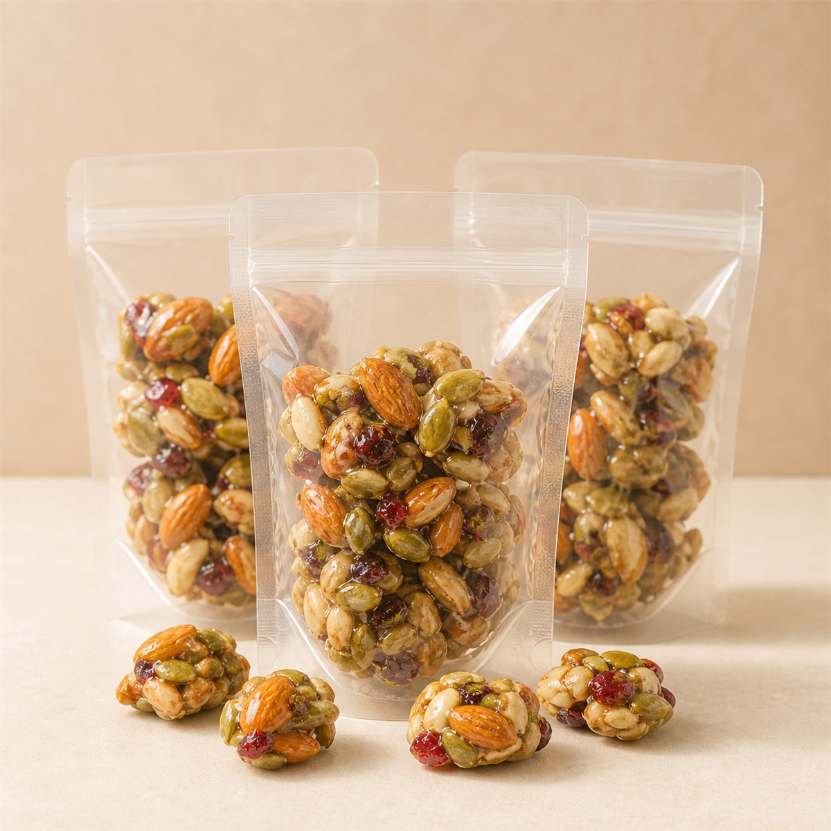 Drei Beutel Mandel-Kürbiskern-Cranberry-Crunch