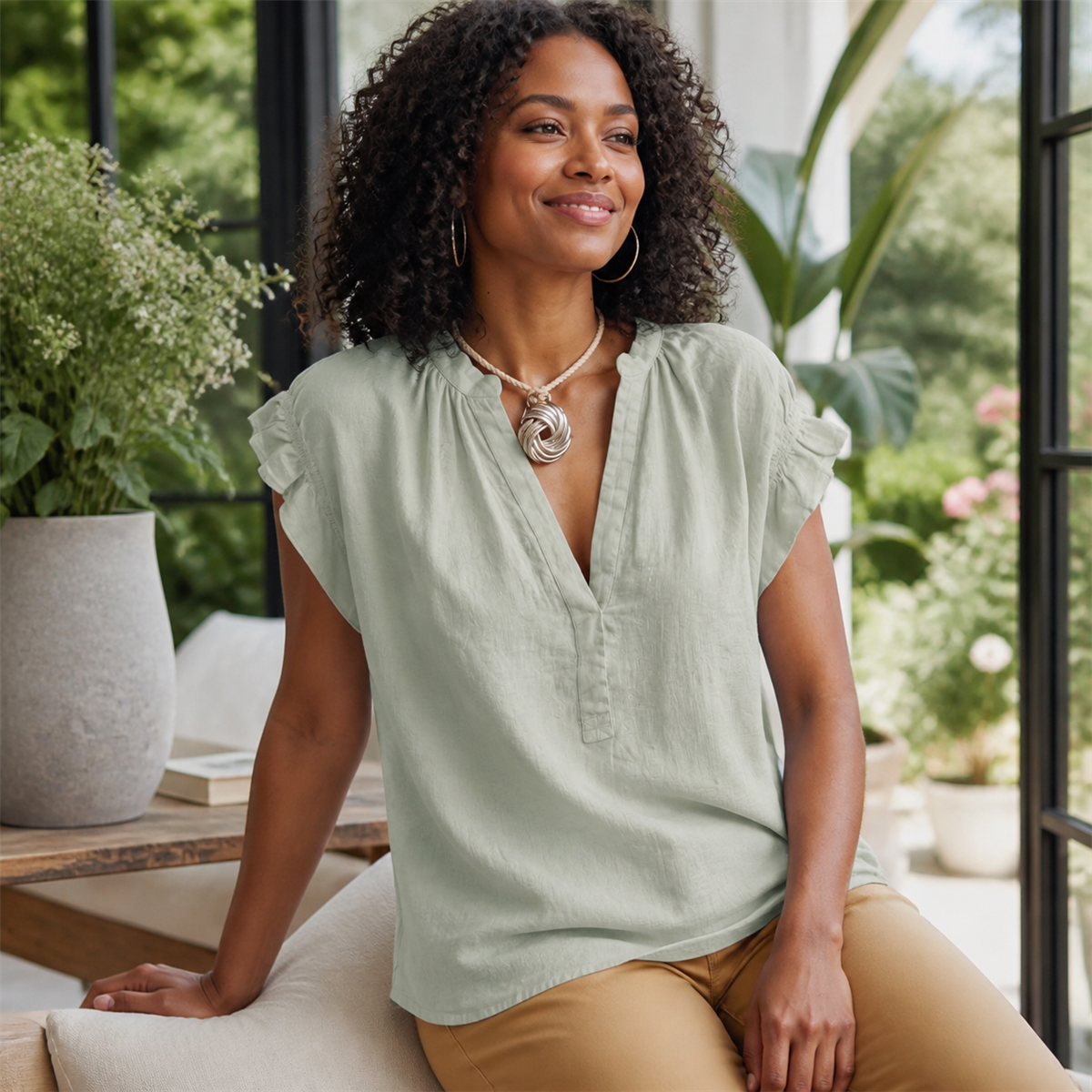 Women's Textured V-Neck Flutter-Sleeve Blouse - Worn in a bright casual setting