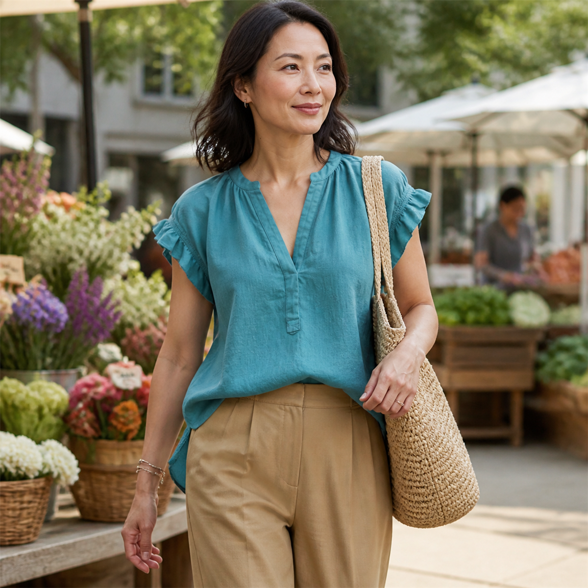 Women's Textured V-Neck Flutter-Sleeve Blouse - Styled with tailored separates