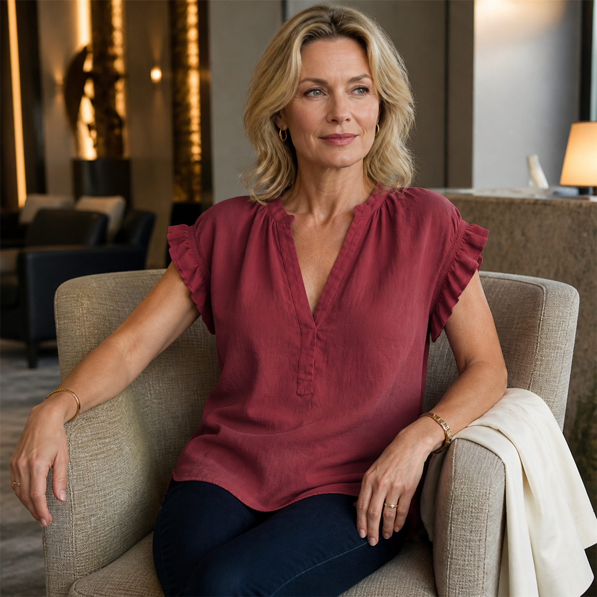 Women's Textured V-Neck Flutter-Sleeve Blouse - Styled for a relaxed weekend
