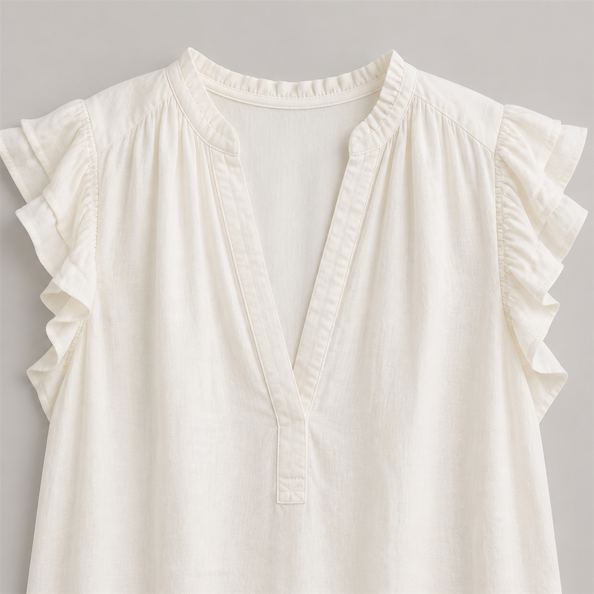 Women's Textured V-Neck Flutter-Sleeve Blouse - Split V neckline framed by a narrow pleated trim