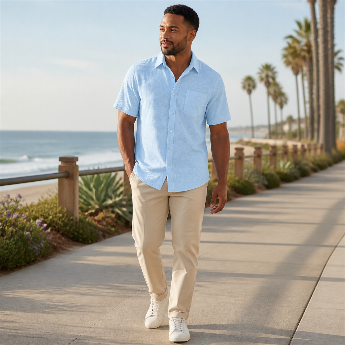 Men's Textured Short-Sleeve Button-Front Shirt with Chest Pocket - Worn in a relaxed everyday setting