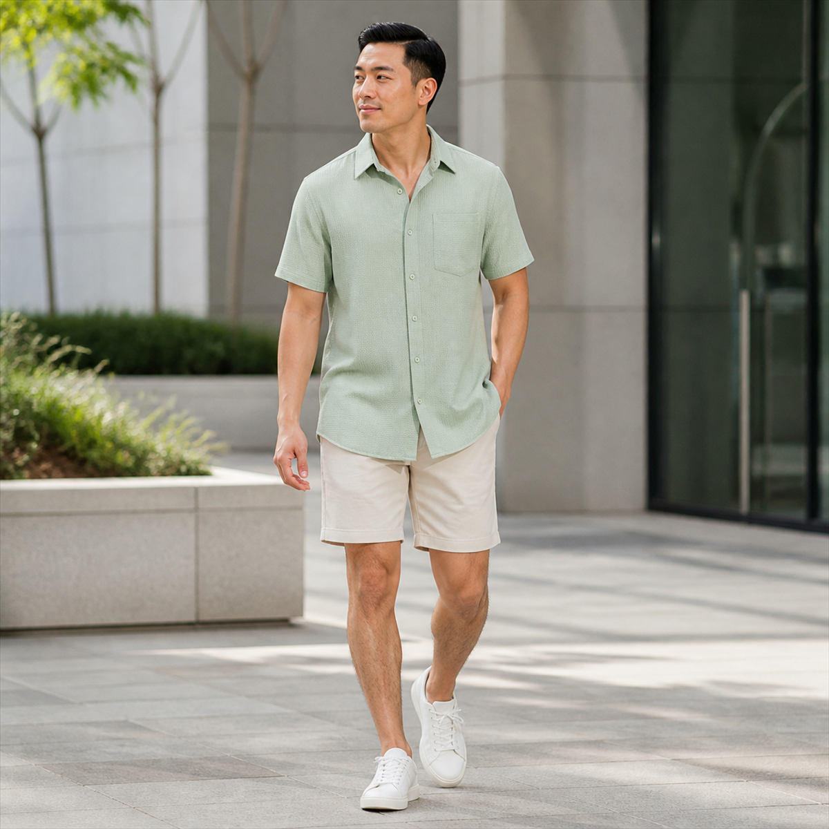 Men's Textured Short-Sleeve Button-Front Shirt with Chest Pocket - Worn in a bright casual setting