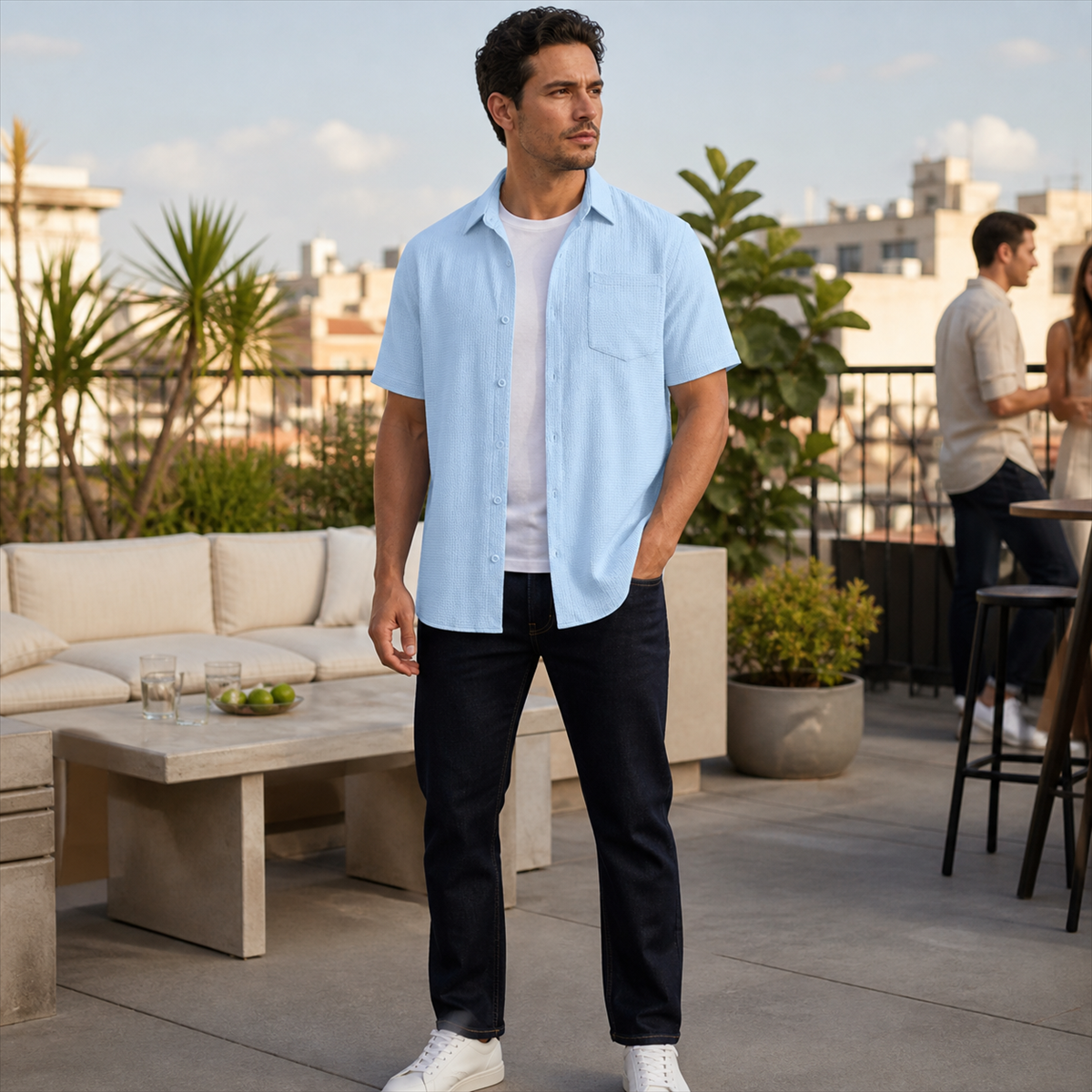 Men's Textured Short-Sleeve Button-Front Shirt with Chest Pocket - Styled with denim