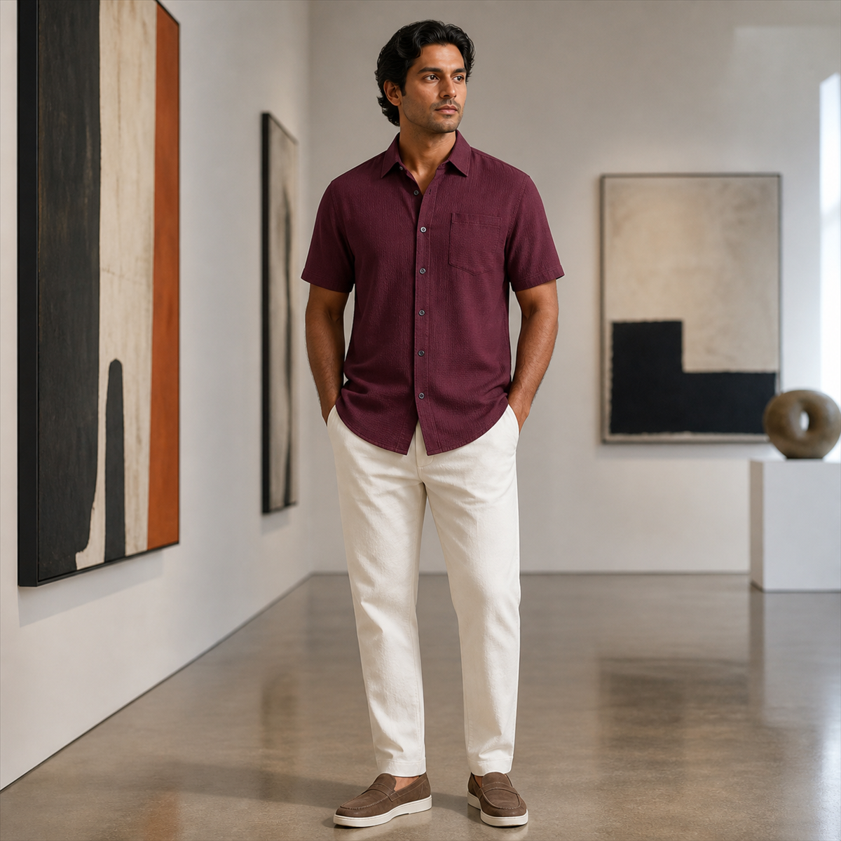 Men's Textured Short-Sleeve Button-Front Shirt with Chest Pocket - Styled with tailored separates