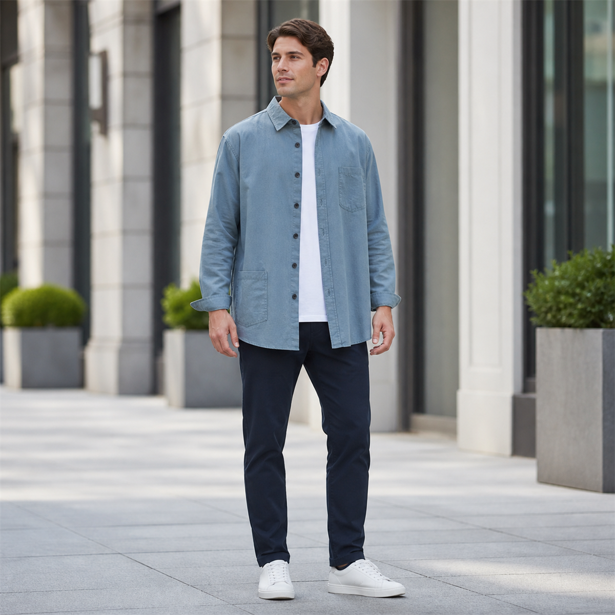 Men's Relaxed Long-Sleeve Two-Pocket Button-Front Overshirt - Worn in a relaxed everyday setting