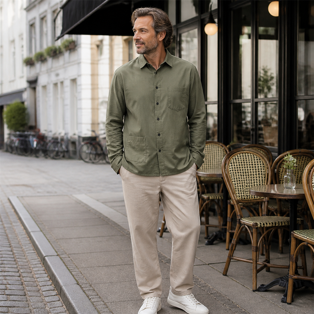 Men's Relaxed Long-Sleeve Two-Pocket Button-Front Overshirt - Worn during an easy weekend outing