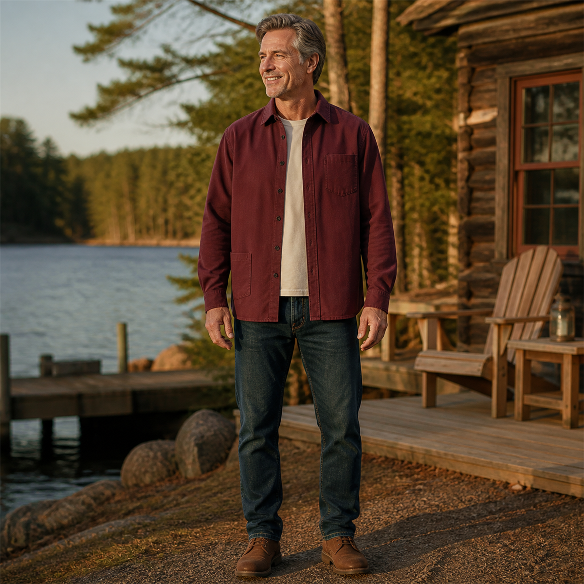 Men's Relaxed Long-Sleeve Two-Pocket Button-Front Overshirt - Worn in a bright casual setting