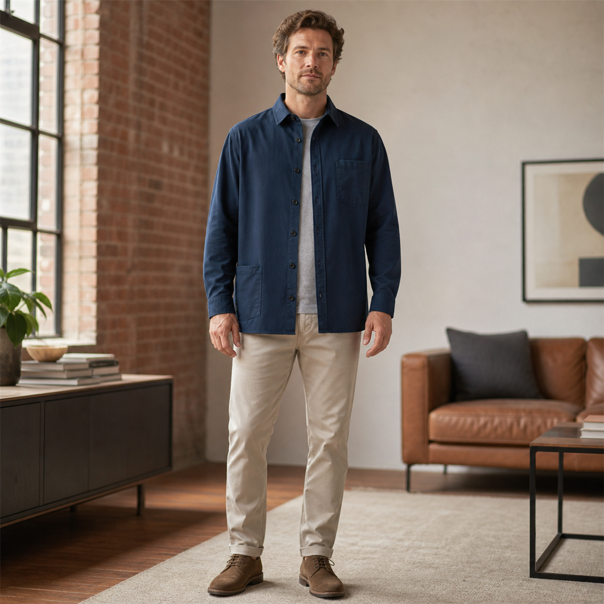 Men's Relaxed Long-Sleeve Two-Pocket Button-Front Overshirt - Styled with denim