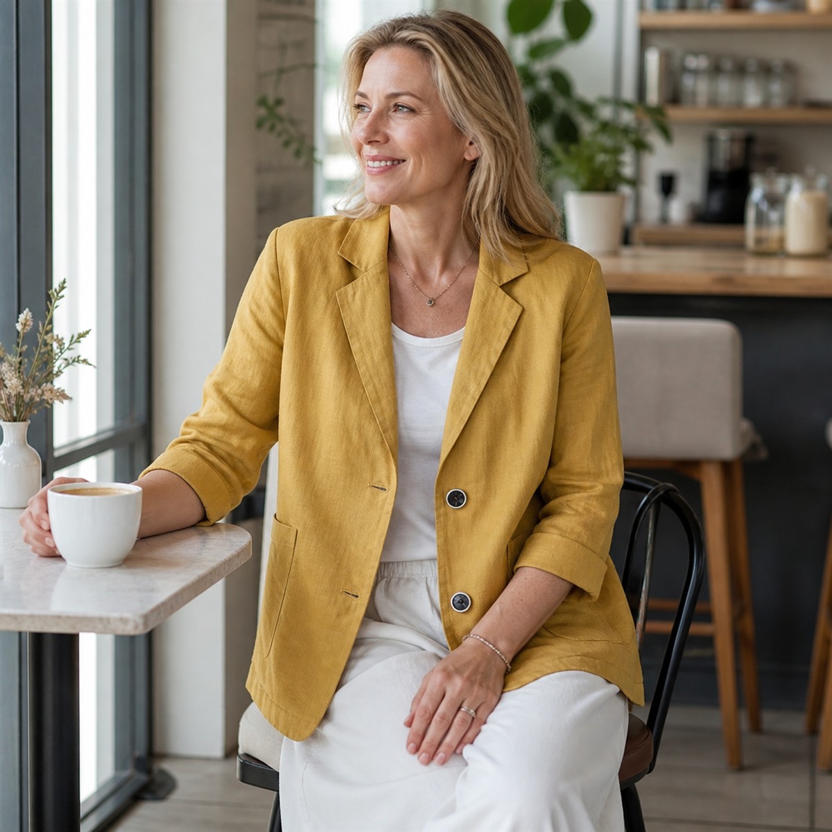 Women's Relaxed Linen-Look Three-Quarter Sleeve Blazer - Worn in a relaxed everyday setting