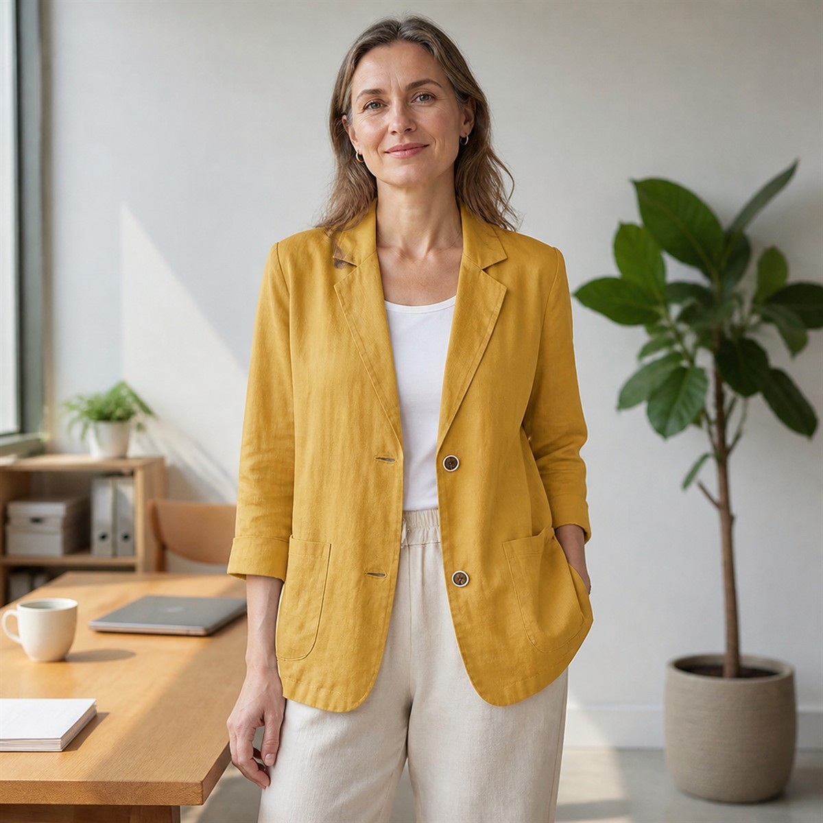 Women's Relaxed Linen-Look Three-Quarter Sleeve Blazer - Worn in a bright casual setting
