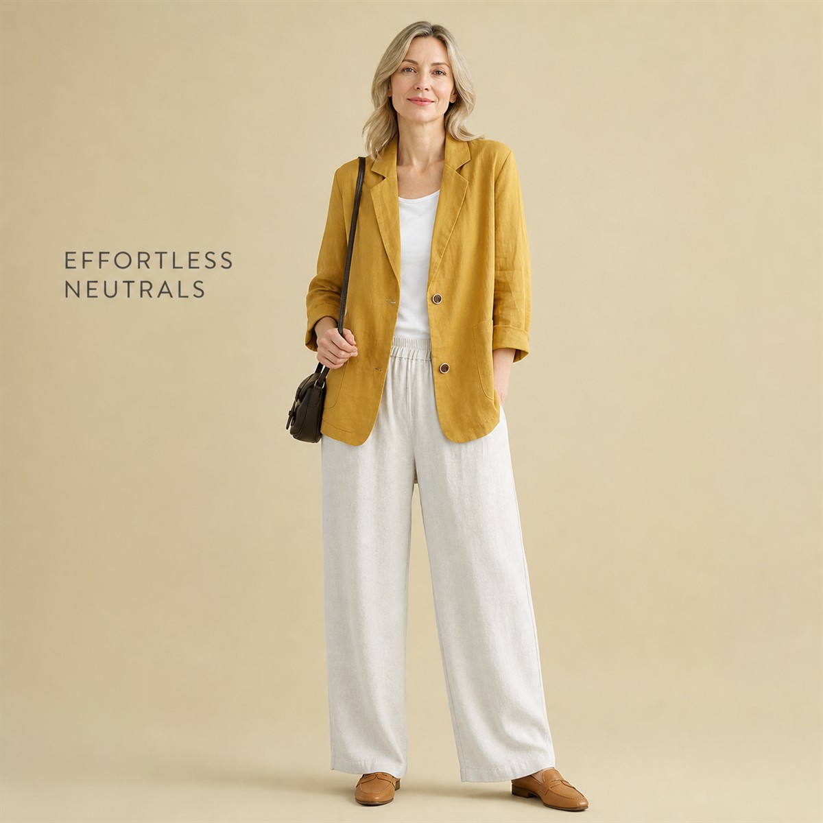 Women's Relaxed Linen-Look Three-Quarter Sleeve Blazer - Styled with denim