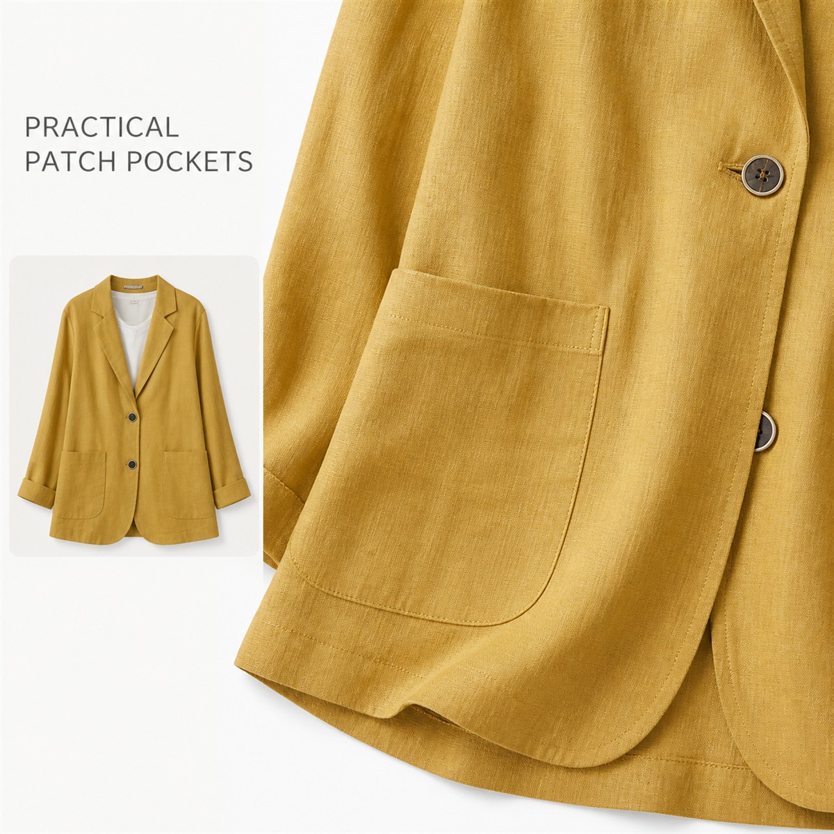 Women's Relaxed Linen-Look Three-Quarter Sleeve Blazer - Detail of 