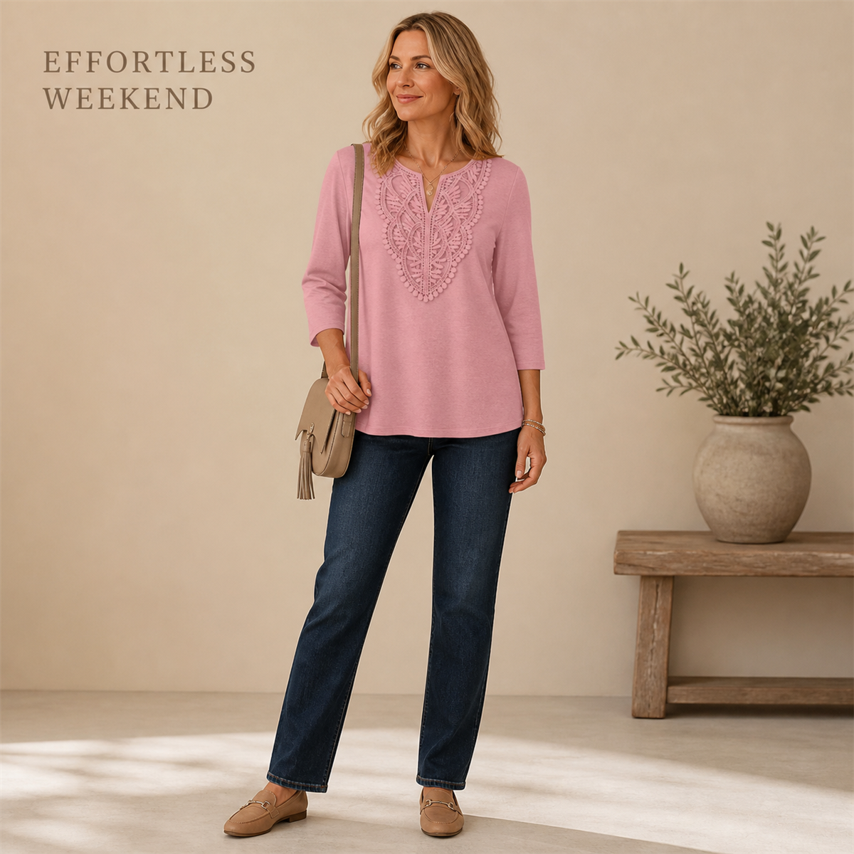 Women's Crochet-Yoke Three-Quarter Sleeve Split-Neck Top - Styled with denim