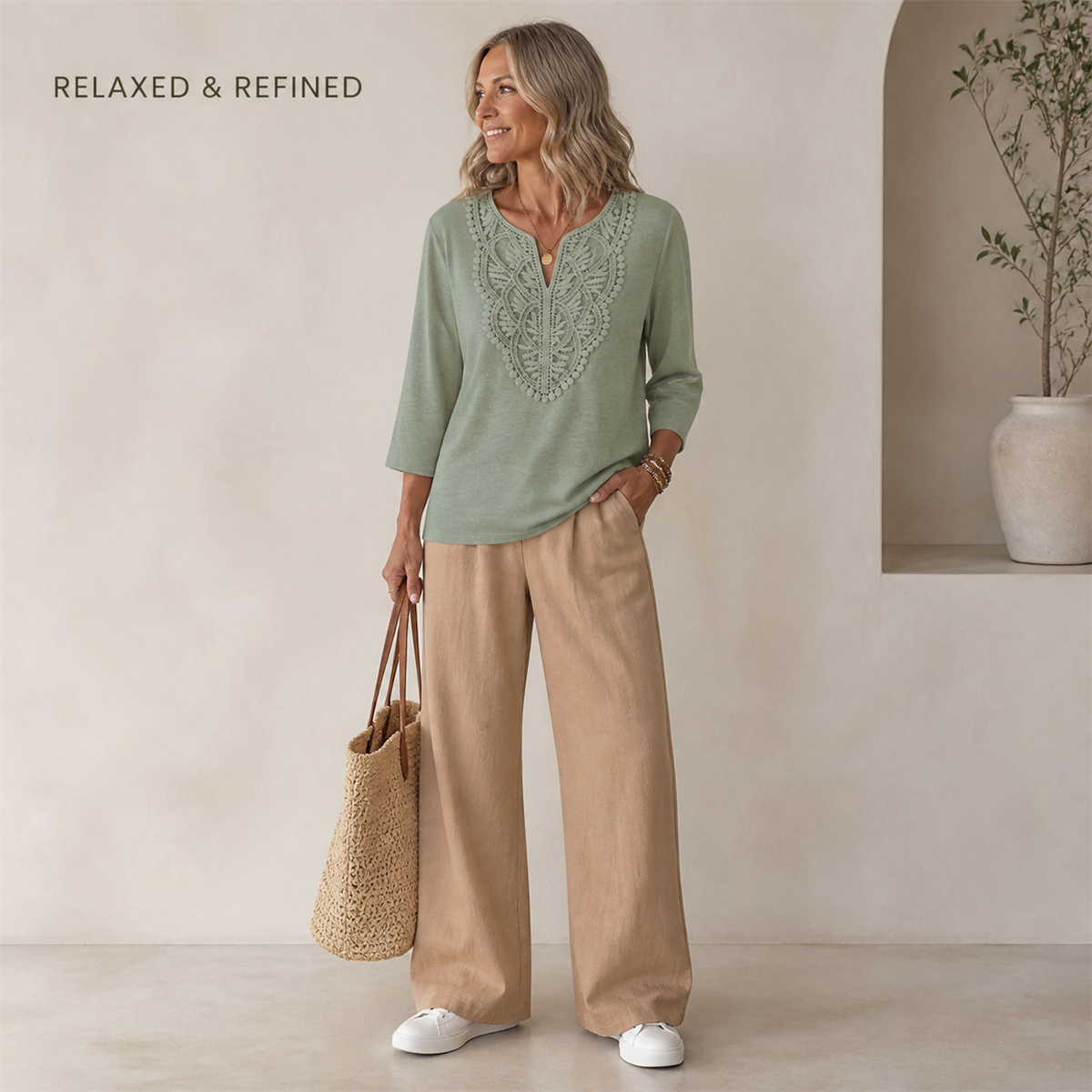 Women's Crochet-Yoke Three-Quarter Sleeve Split-Neck Top - Styled for a relaxed weekend