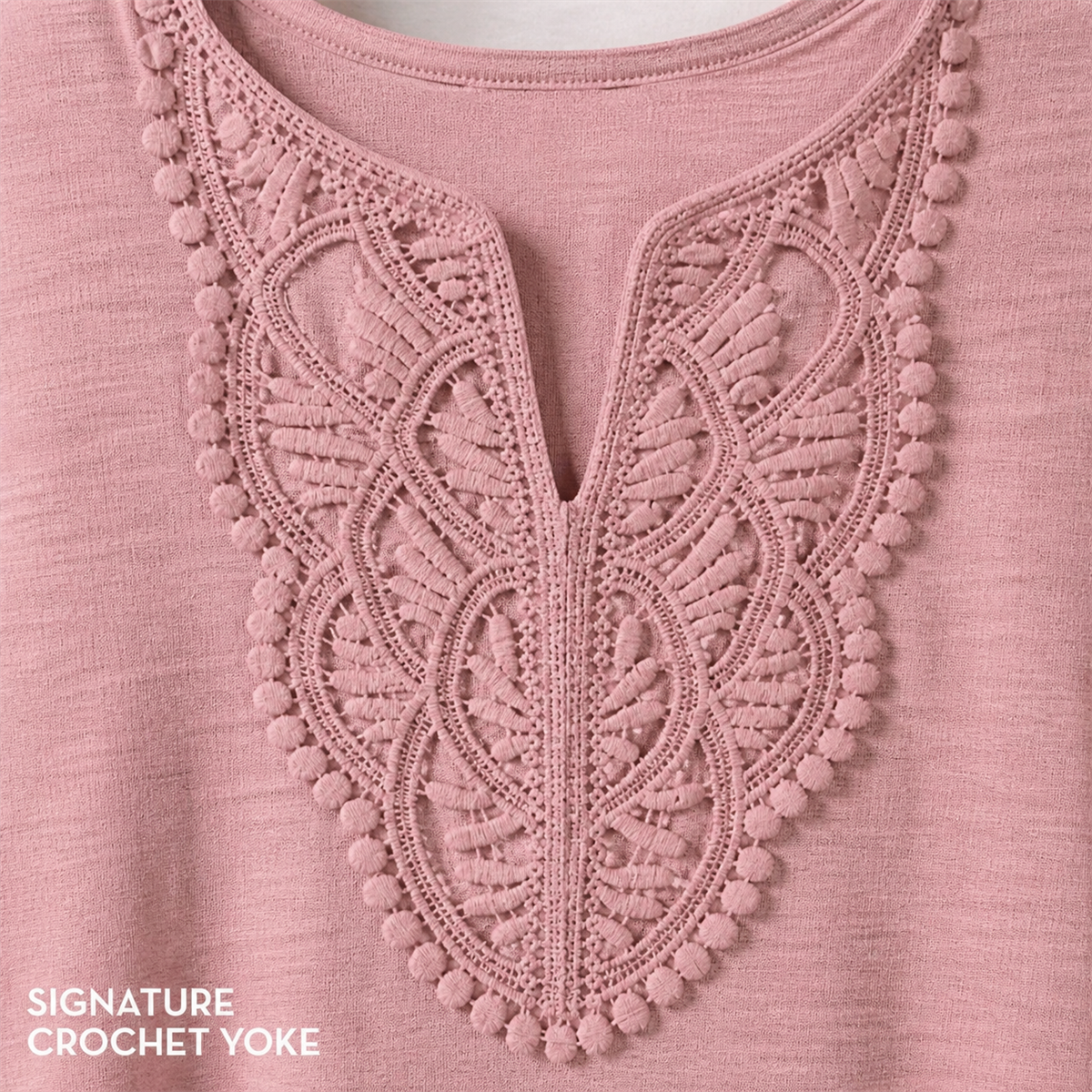 Women's Crochet-Yoke Three-Quarter Sleeve Split-Neck Top - Detail of 