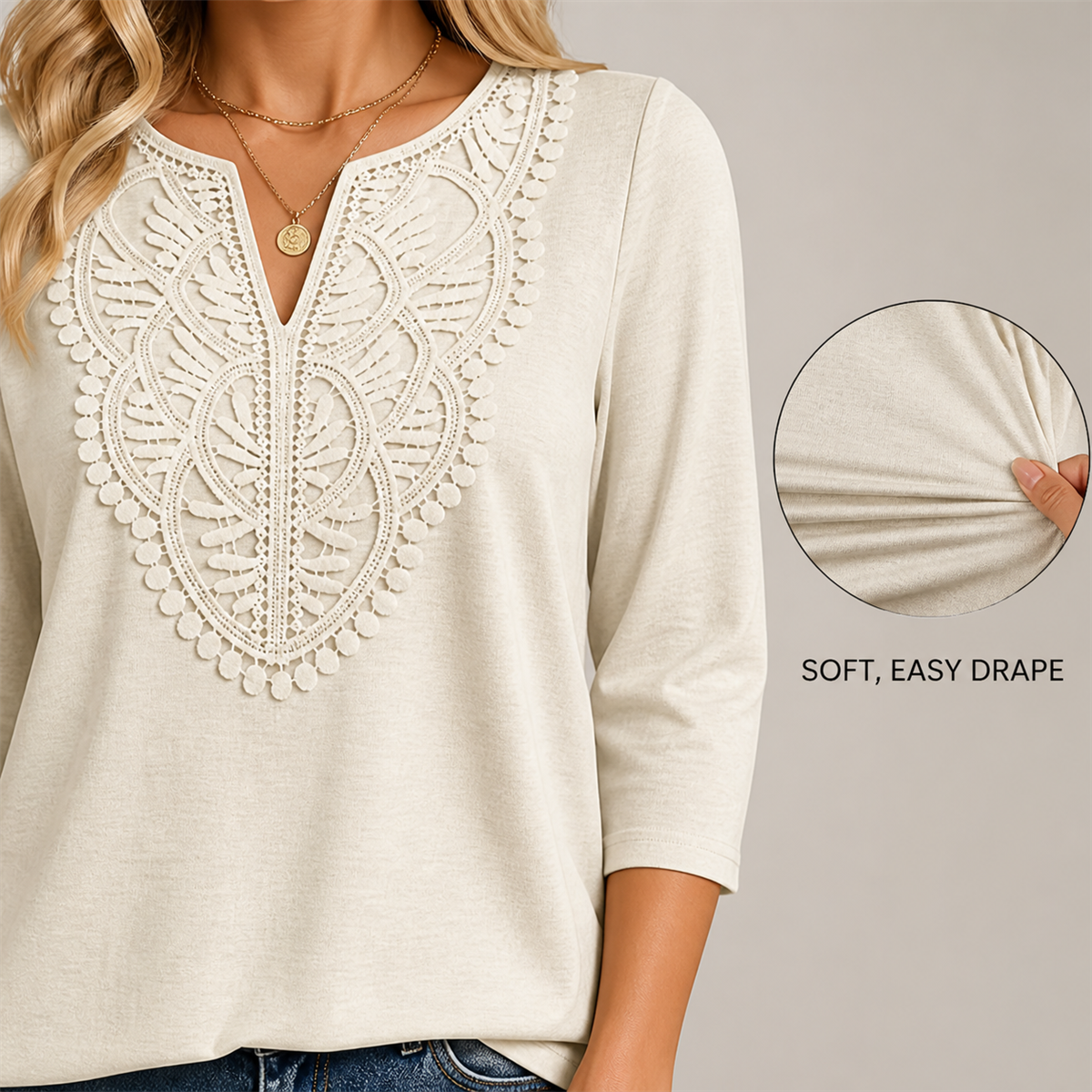 Women's Crochet-Yoke Three-Quarter Sleeve Split-Neck Top - Crochet-look yoke