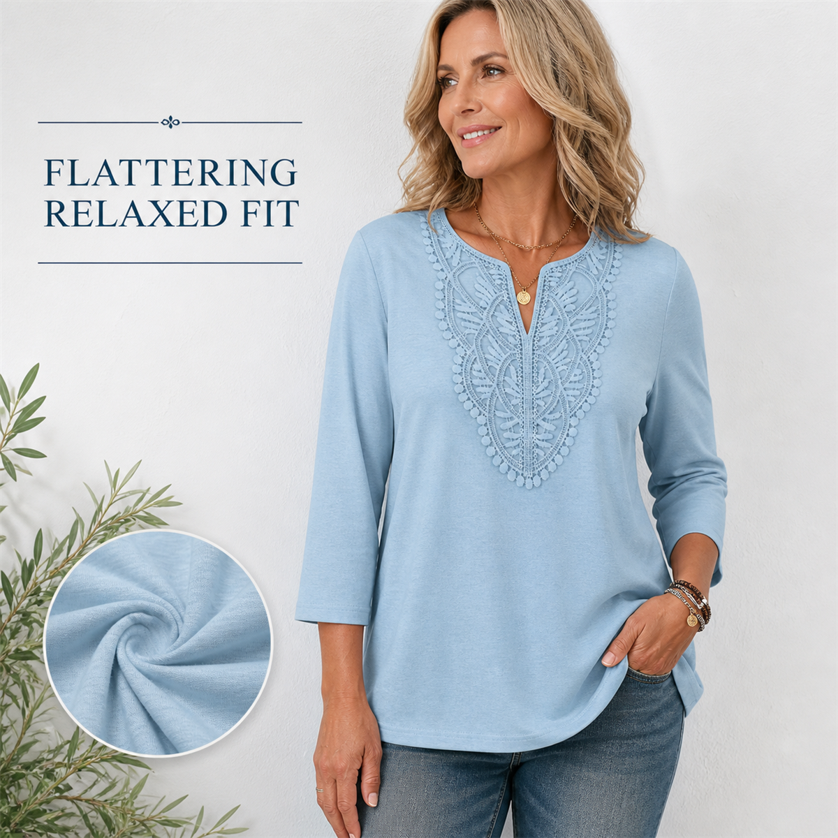 Women's Crochet-Yoke Three-Quarter Sleeve Split-Neck Top - Detail of 