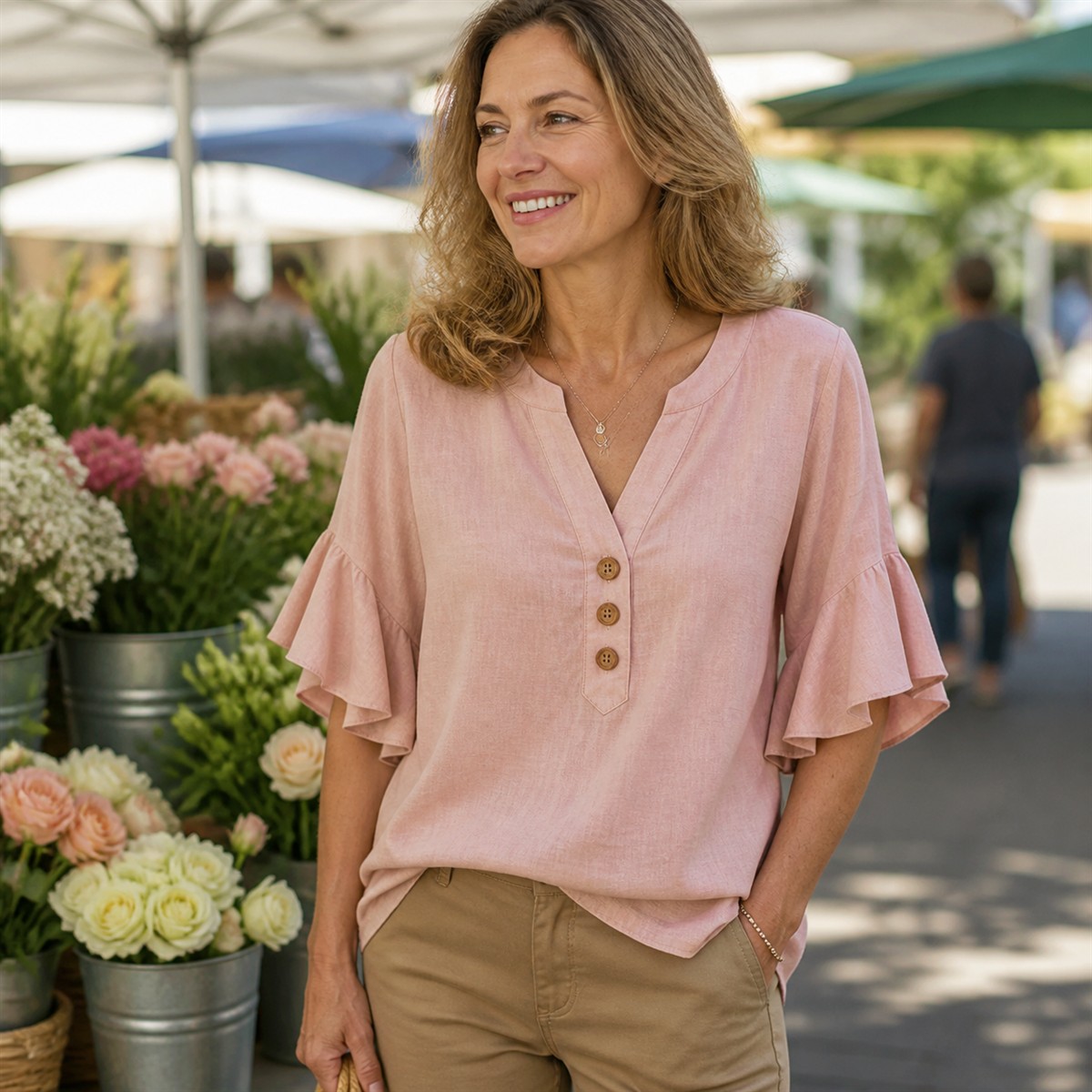 Women's Textured Split-Neck Button Flutter-Sleeve Top - Worn in a bright casual setting
