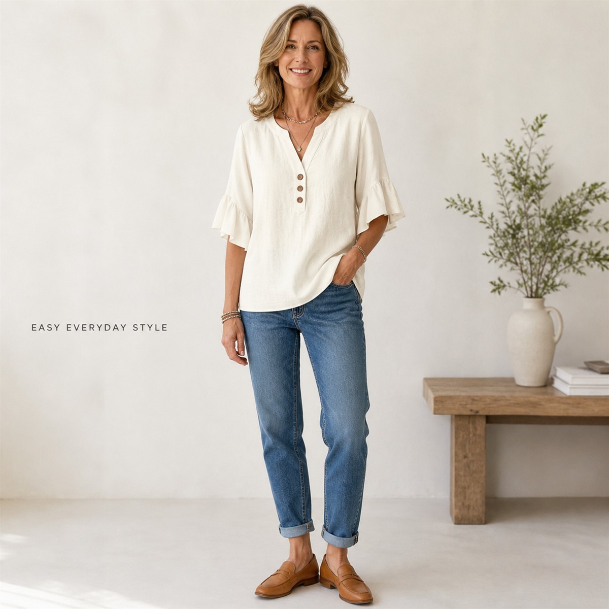 Women's Textured Split-Neck Button Flutter-Sleeve Top - Styled with denim