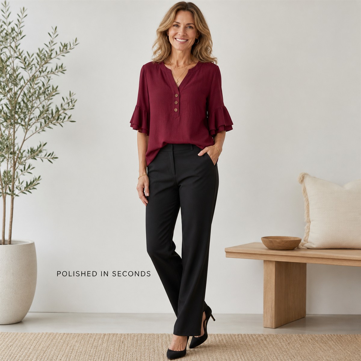 Women's Textured Split-Neck Button Flutter-Sleeve Top - Styled with tailored separates