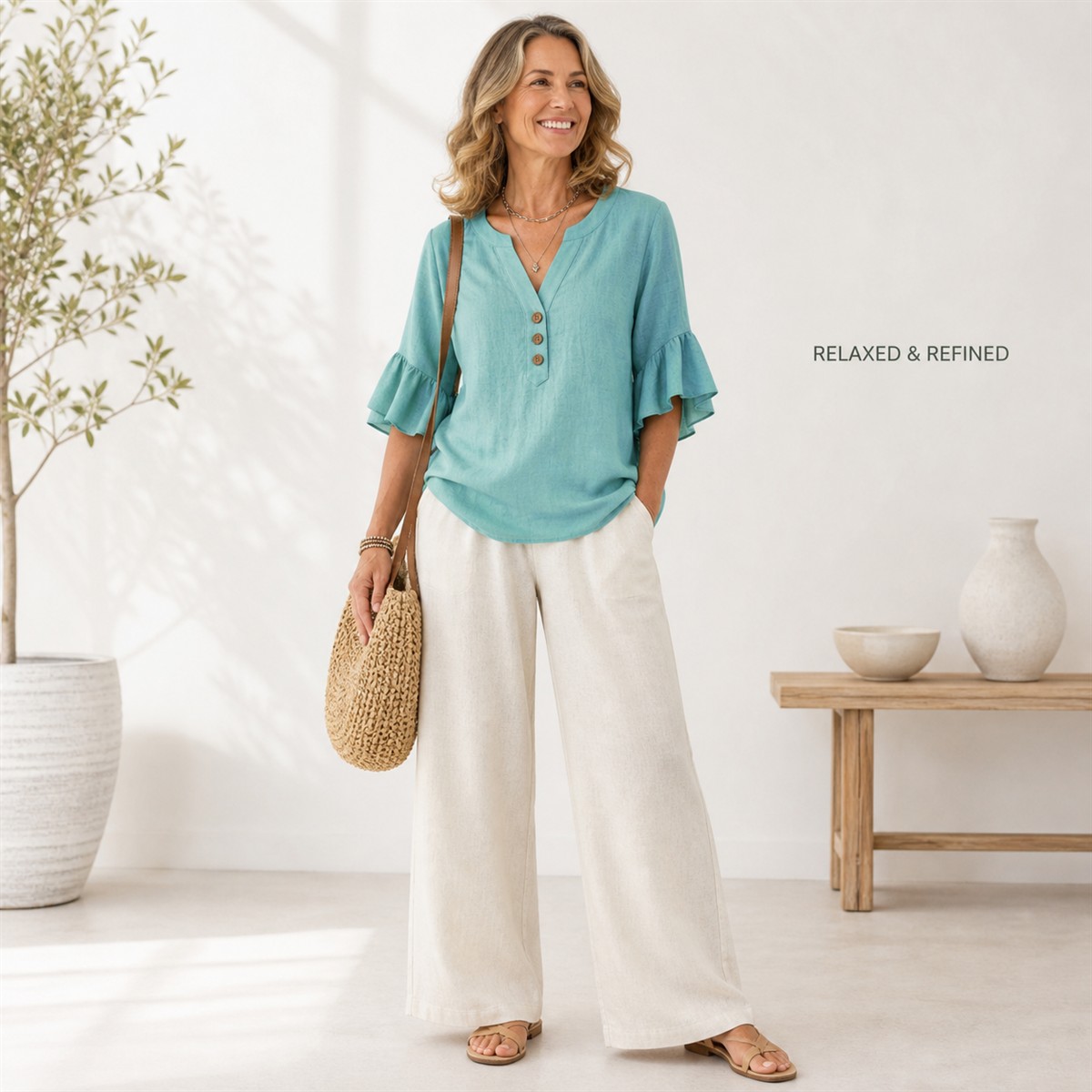Women's Textured Split-Neck Button Flutter-Sleeve Top - Styled for a relaxed weekend