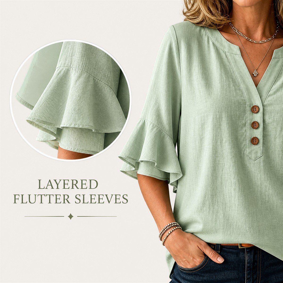Women's Textured Split-Neck Button Flutter-Sleeve Top - Split neckline