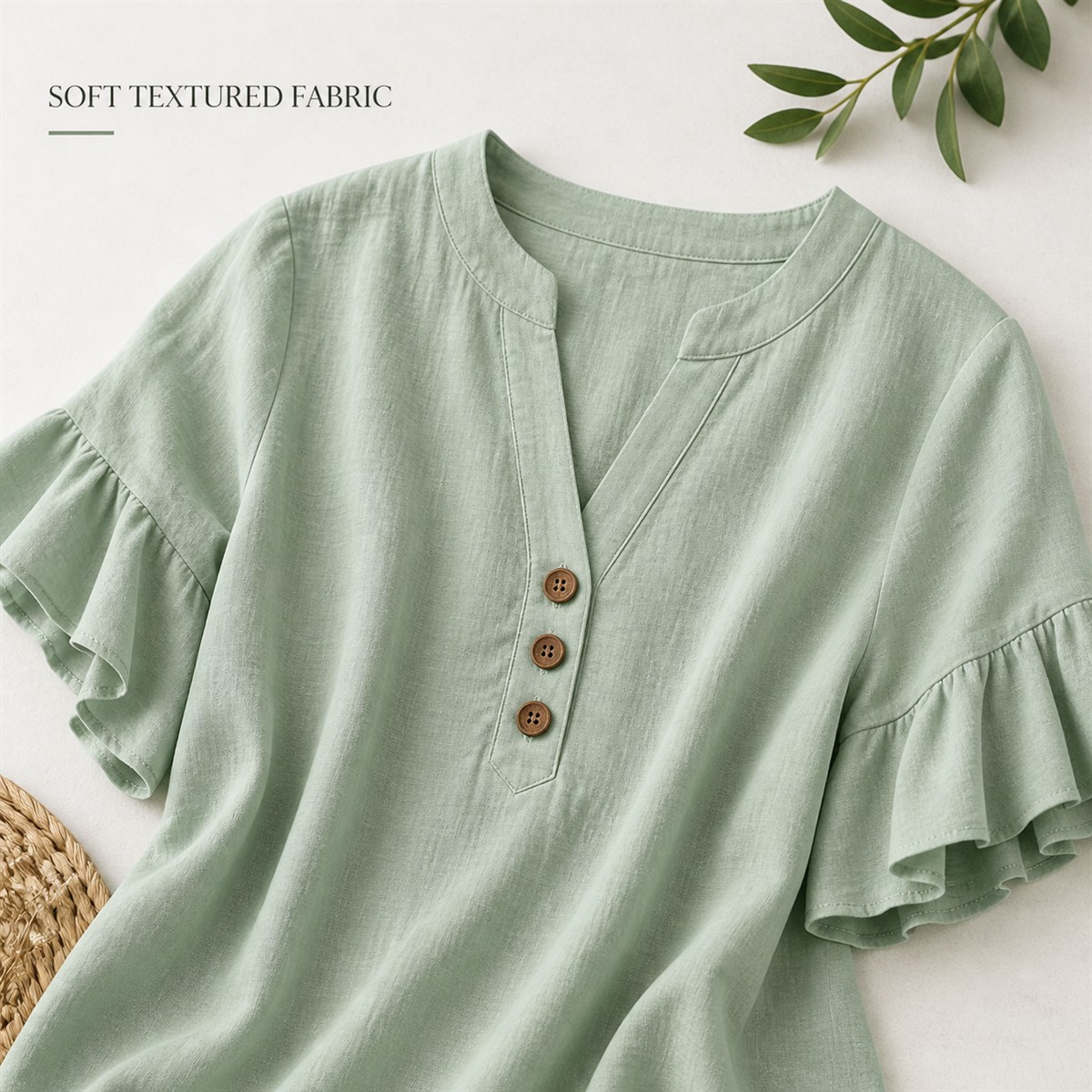 Women's Textured Split-Neck Button Flutter-Sleeve Top - Detail of 